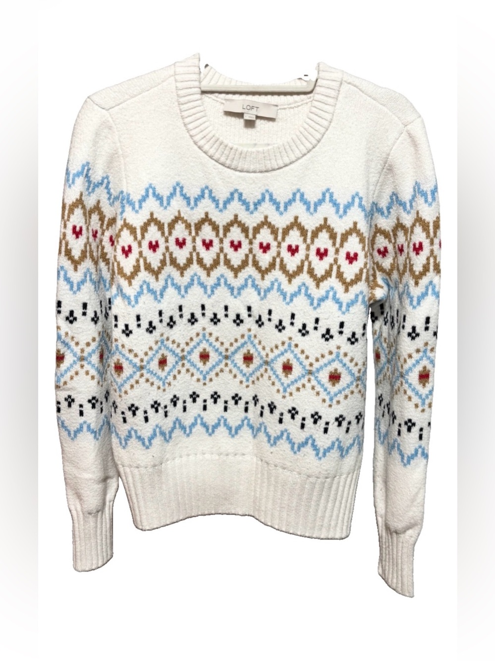 LOFT Cream Fair Isle Crew Sweater with Blue, Tan and Red Accents